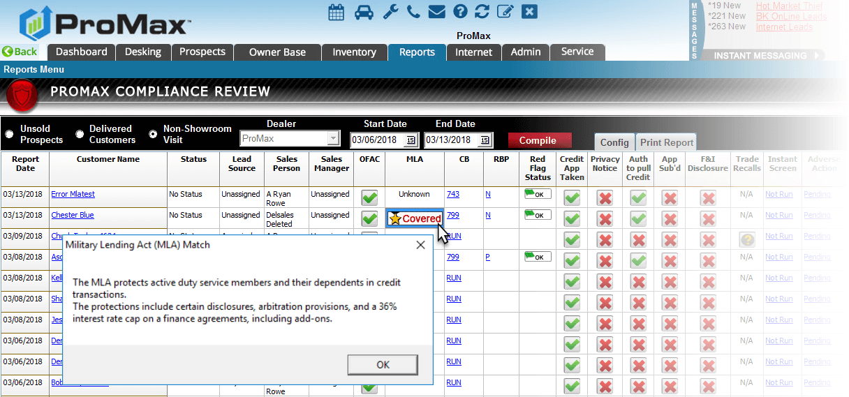 Military Lending Act compliance in ProMax